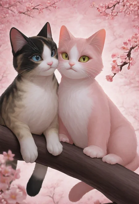 masterpiece, best quality, absurdres, cats sitting on a tree branch, facing each other in an intimate and harmonious pose. The left cat is black, while the right cat is white, creating a striking contrast. They are surrounded by delicate, blooming branches with small flowers, adding a serene and romantic atmosphere. The background is softly blurred, focusing the viewer's attention on the cats and their interaction. The lighting is soft, emphasizing the texture of their fur and the gentle ambiance of the scene. pink heart in front of them, white sphere in the background, HANA4