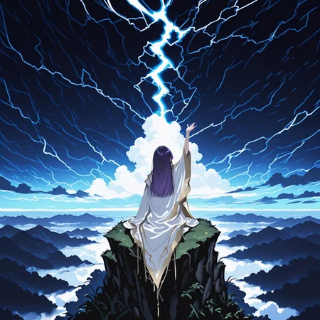 masterpiece, best quality, amazing quality, very aesthetic, absurdres, newest, 8k, 5t4nd1ng_0n_3dg3, ma1ma1helmes_b_illu,sketch, BV-Illu, realistic,
BREAK, 
1girl, solo, from behind, sitting on edge, mountain ledge, horizon, short purple hair, straight hair, leaning back, one hand raised in the air, ornate clothing, white clothing, flowing white cloak, intricate cloak designs, detailed sky, dark skies, night, rain, storm, highly detailed lightning,
BREAK, dynamic lighting, detailed background, dramatic lighting, depth of field, volumetric lighting