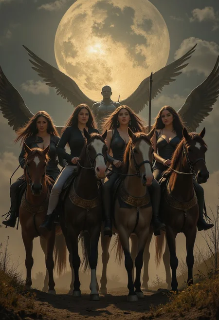 four beautiful women on horses representing the four horsemen of the apocalypse. A dystopian scene as the women ride the horses, dark angelic women,