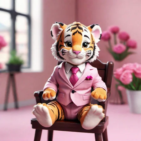 ASCIIMasterpiece, best quality, portrait, cute baby tiger, wearing Wall Street clothes, (sat on a chair, smiling, tilt shift, pink office background, flowers, , 64k UHD, excellent quality, high resolution, (((Business style))) BadDream Unreal Engine