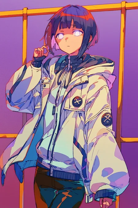 score_9, score_8_up, score_7_up, hyuuga hinata, black hair, black pants, hooded jacket, jacket, pants, short hair, white eyes, white jacket, solo, solo focus, cowboy shot, purple background, Leaning on a windowsill, looking out with a sense of longing or anticipation., <lora:mizucx2:1>