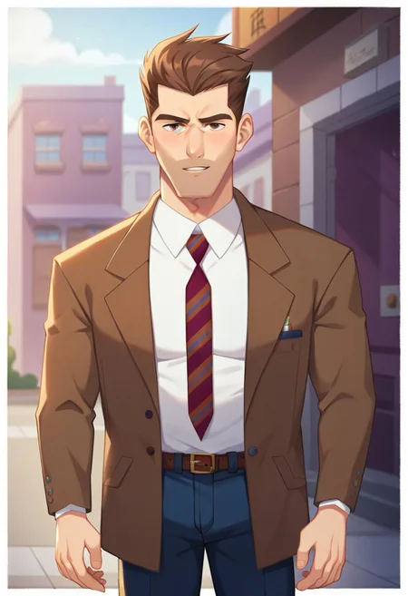 score_9, score_8_up, score_7_up, score_6_up, source_cartoon, perfect anatomy, perfect proportions, best quality, masterpiece, high-resolution, high quality, aesthetic, absurdres, (male focus), solo male, BERChase, Chase Devineaux, brown eyes, brown hair, short hair, hair slicked back, sideburns, facial hair, stubble, white collared shirt, diagonal stripe necktie, red/brown/gray necktie, three-tone necktie, brown jacket, open jacket, dark blue pants, black shoes, adult, mature, masculine, manly, handsome, charming, alluring, standing, upper body, dutch angle, cowboy shot, outdoor