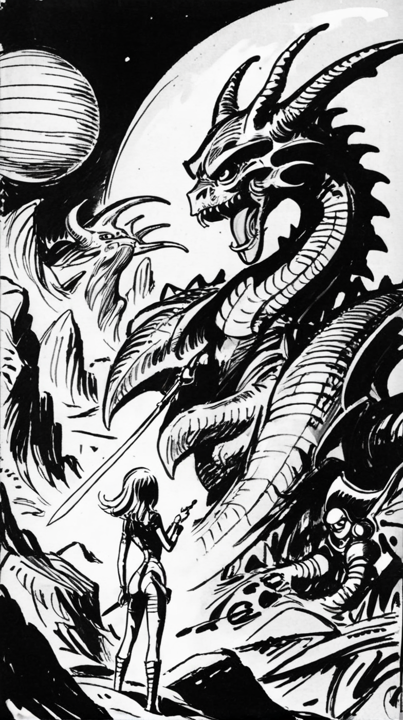 brlla1 girl with a sword in the background of a dragon, on an alien planet , black ink<lora:brlla1:1>