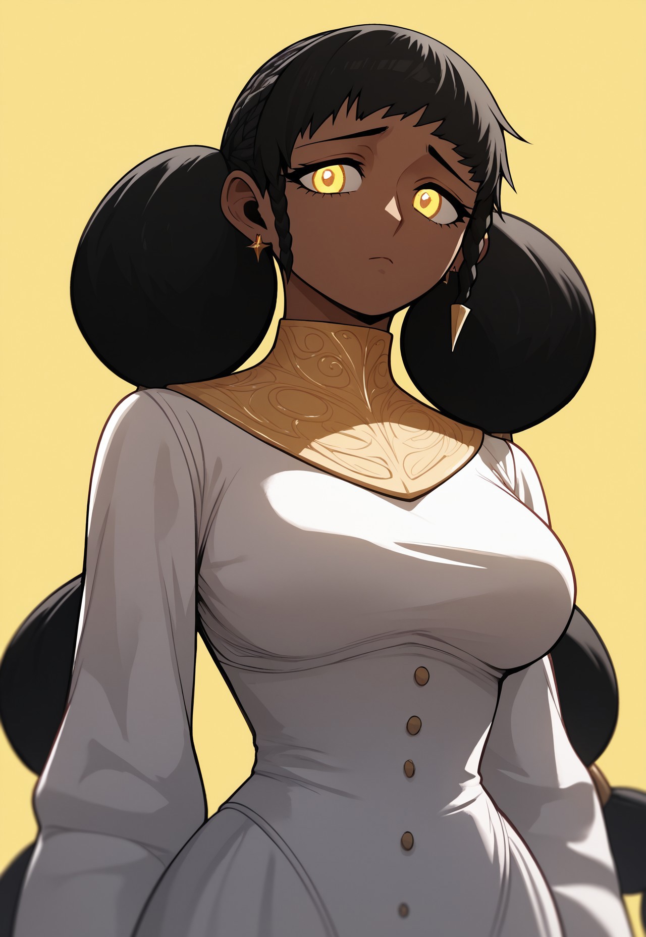 safe_pos, score_9, score_8_up, score_7_up, score_9,4k, HD, 8k, highres, masterpiece, best quality, cowboy shot, solo, 1girl, desscaras, dark-skinned female, yellow eyes, black hair, long hair, twintails, braid, bangs, hair buns, large breasts, earrings, jewelry, white dress, yellow background, no pose, looking at viewer, emotionless, beautiful eyes, half body, <segment:yolo-Anzhc Face seg 640 v2 y8n.pt,0.4,0.5//cid=1>