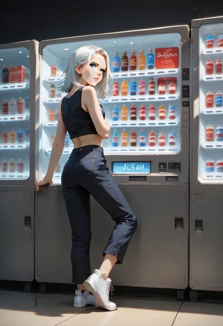 score_9,score_8_up,score_7_up, source_anime, anime,
<lora:jihankiKickPony:0.7> jihanki kick, jihanki, vending machine, 
motion blur, 
1girl, 
skinny,
detailed eyes, 
anime, 
white hair,
blue eyes,
leg up,
pants,
back angle, 
white sneakers, 
(broken vending machine:1.1),
broken glass, drinks strewn across the store floor,
BREAK
robot, futuristic design, metallic shine, intricate detailing, sharp edges, mechanical joints, high-tech, cybernetic structure, industrial aesthetic, reflective metal surfaces, chrome finish, exposed circuits, LED lights, mechanical arms, robotic legs, complex gears, artificial intelligence, sleek design, advanced technology, high-resolution, precision engineering, robotic humanoid, industrial setting, cyberpunk atmosphere, polished metal,