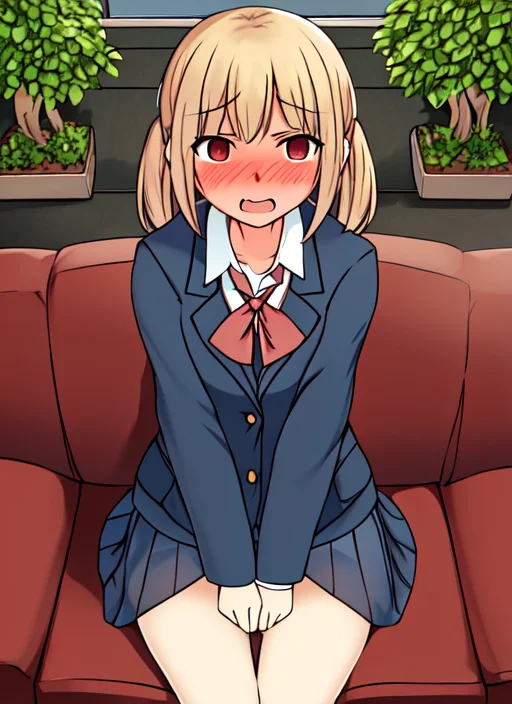 masterpiece, best quality, soft lighting, absurdres,
1girl, school uniform, embarrassed,
mansion interior, plants, red luxury sofa, <lora:cartoony:1>