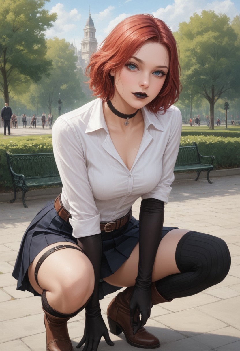 score_9, score_8_up, score_7_up, fFaceDetail, ultra detailed, (solo:1.5), 1 girl, (realistic:1.5), medium breasts, black tie, elegant, anne mubc, red hair, short hair, blue eyes, big lips, brown boots, (black lips:1.5), (black gloves:1.5), (beautiful eyes:1.5), (white shirt:1.5), (choker:1.5), (long gloves:1.5), (navel piercing:1.5), (black thigh high socks:1.5), (skirt:1.5), (legstrap:1.5), (beautiful face:1.5), (belt:1.5), (ribbed legwear:1.5), (pleated skirt:1.5), (sweating:1.5), (focused:1.5), (cute:1.5), (legs crossed:1.5), (crouching:1.5), (park:1.5)