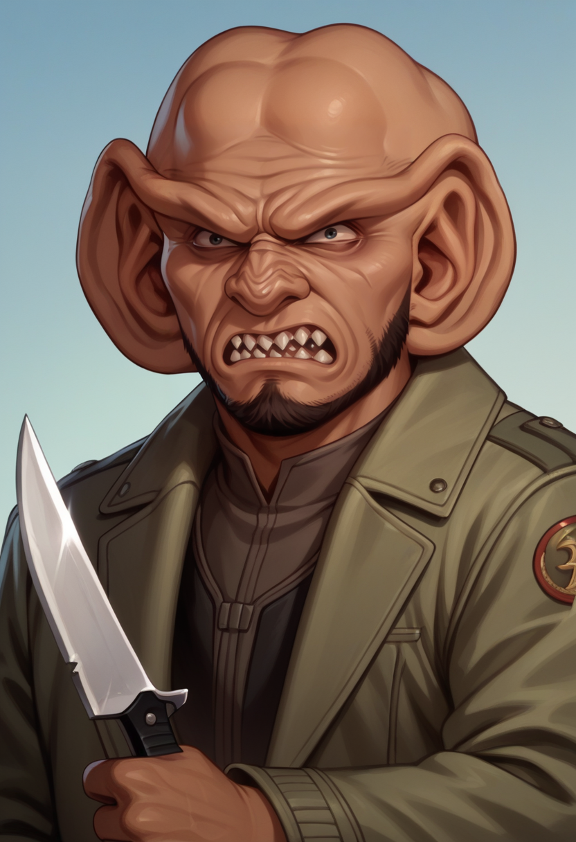 score_8_up, 1boy, ferengi, ferengi male, big ears, bald, brow ridge, nose markings, dark skin, teeth, sharp teeth, mature, facial hair,  jacket, combat, knife, angry, <lora:Ferengi-07:0.7>