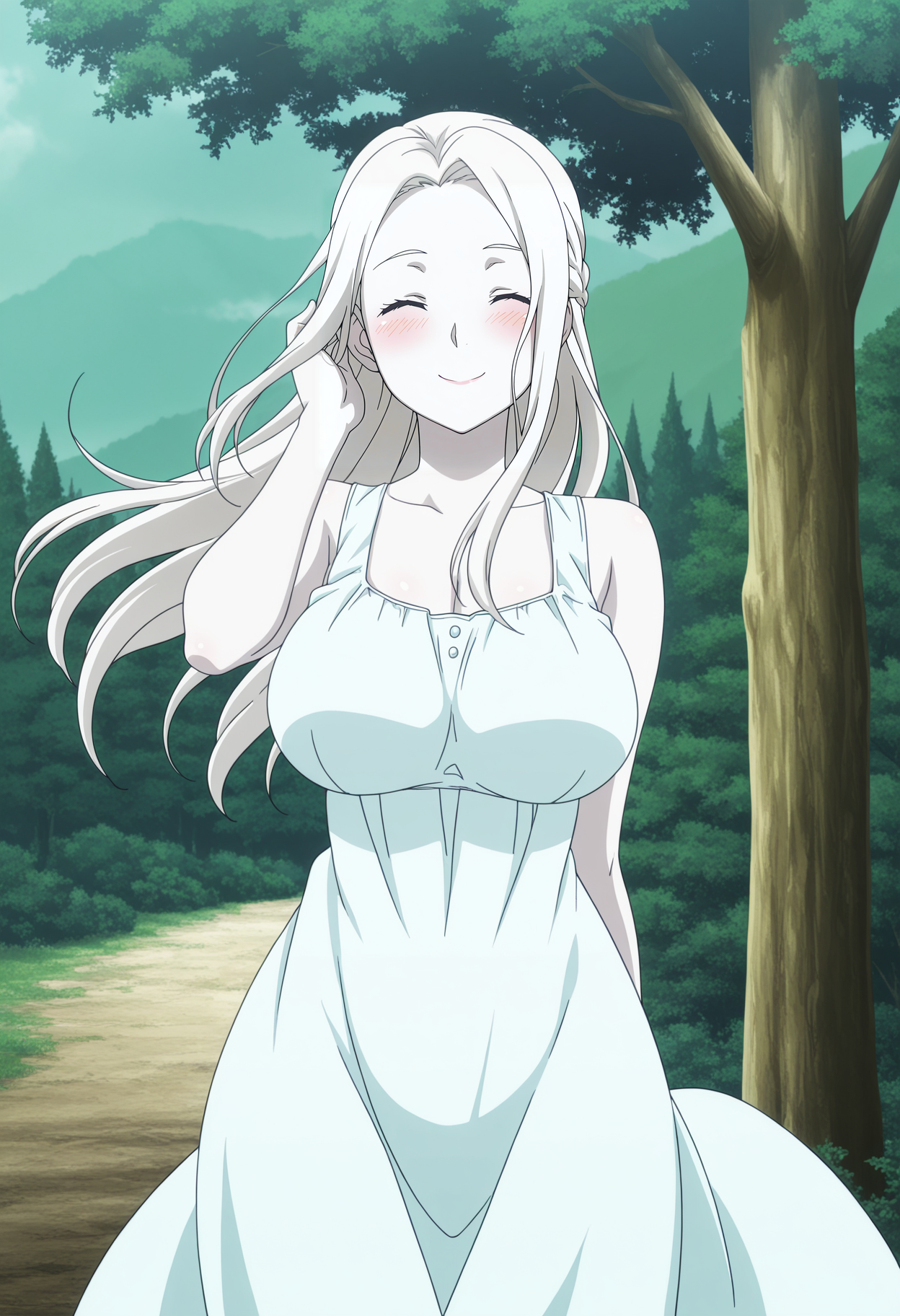 1girl,solo,mm,mature female,long hair,white hair,large breasts,pale skin,anime coloring, anime screenshot, braid, 
sundress, wind,nature, tree,hand in own hair, closed eyes, smile,blush,facing viewer, 
,masterpiece,best quality,amazing quality,<lora:Leonora_Nakiri-Shokugeki_no_Souma_r2:0.8>