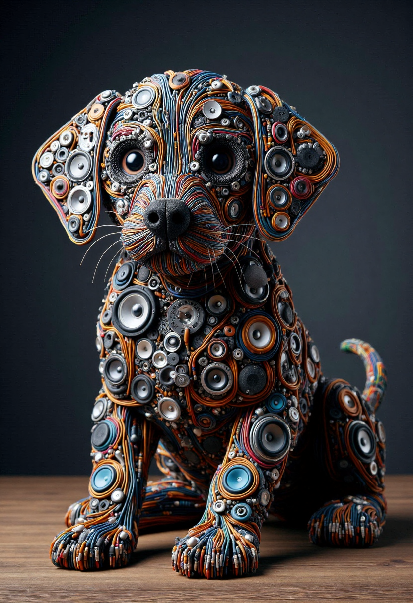 <lora:Audio_Artisan_FLUX:0.9>
Realistic photo of a cute puppy made entirely of various electronic components and audio equipment.