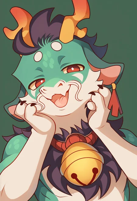 score_9, score_8_up, score_7_up, BREAK high quality, hires, male, solo, anthro, furry, buff body, antlers, red eyes, bell, looking at viewer, seducing, claws, looking at viewer, cute, open smile, tongue, half-closed eyes