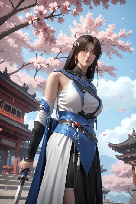 score_9, score_8_up, score_8, source_real,real skin, rating_explicit, mature female, ExpresiveH, best quality, unreal engine,game,cg, very aesthetic, CG, masterpiece, ultra high res, highres, More Details, high rating,Intricate and refined delicate details, looking at viewer,
<lora:age_slider_v4:4>,
<lora:peiyun:1>, 1girl, solo, black hair, blue eyes, jewelry, long hair, detached sleeves, earrings, realistic, dress, hair ornament, closed mouth, blue sky, sky, outdoors, east asian architecture, Cherry blossom, tree, (holding weapon, sword, arms behind back),