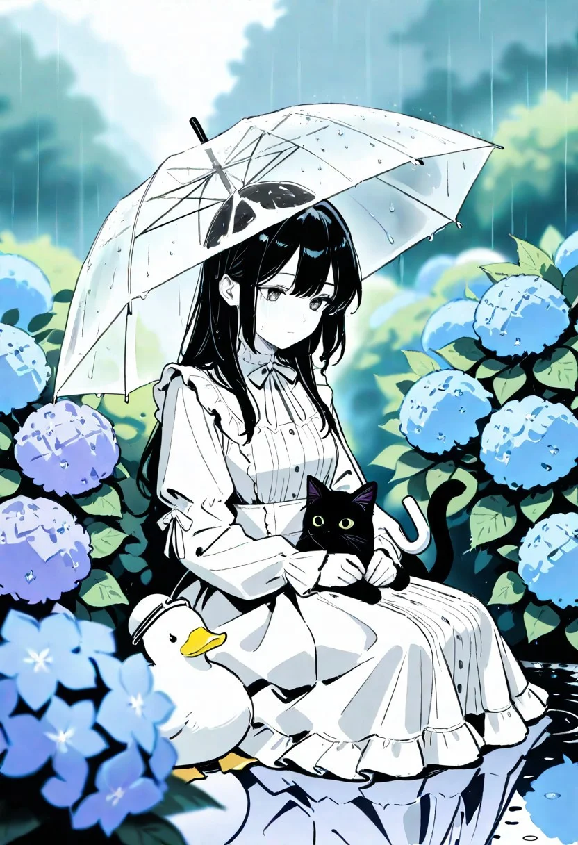 masterpiece, best quality, good quality, very aesthetic, absurdres, newest, serene scene, rainy day, 1girl, girl, woman, sweet ltfashion, detailed eyes, detailed face, detailed skin, sitting, under an umbrella, transparent umbrella, by girl side, black cat, duck, small duck, white duck, seated on a wet pathway, near blooming hydrangeas, natural stone wall, calm atmosphere, introspective atmosphere, gentle raindrops, soft textures, delicate light, wet surface, and reflective surface, lush greenery, vibrant hydrangeas, depth of field, tranquil scene, sketch, monochrome