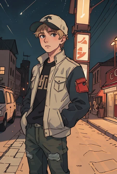 (masterpiece, best quality, high quality, highres, ultra-detailed), city, scenery, night, building, sign, cityscape, pantyhose, skyscraper, street lights,
solo, 1boy, gray eyes, short Crew Cut, sand blonde hair, triangular face, looking at viewer, outdoors, hands in pockets, khaki jacket, black loose jeans, black baseball cap,
AS-Adult, Asian-Less, OverallDetail,