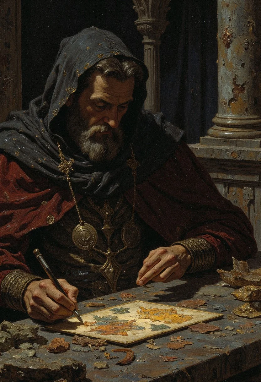 Eddie Dean at the ruins of a forgotten chapel, piecing together a mosaic of the Great Old Ones. His fingers trace the outlines of ancient deities, his face lit by the glow of his lantern, revealing a curious mix of reverence and sorrow for a world long lost.