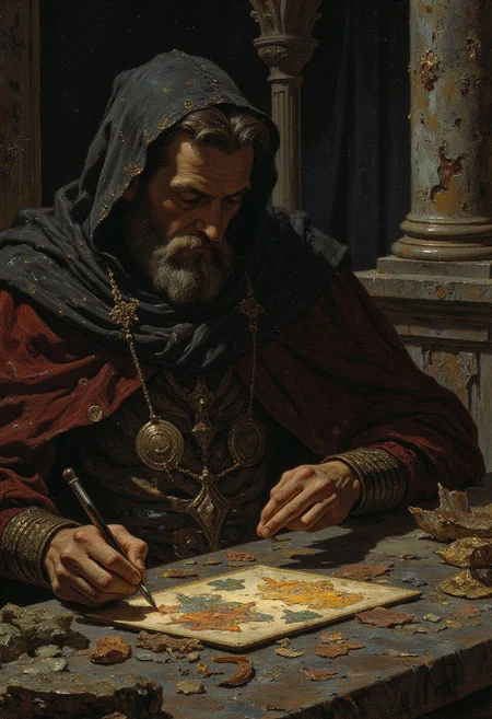 Eddie Dean at the ruins of a forgotten chapel, piecing together a mosaic of the Great Old Ones. His fingers trace the outlines of ancient deities, his face lit by the glow of his lantern, revealing a curious mix of reverence and sorrow for a world long lost.