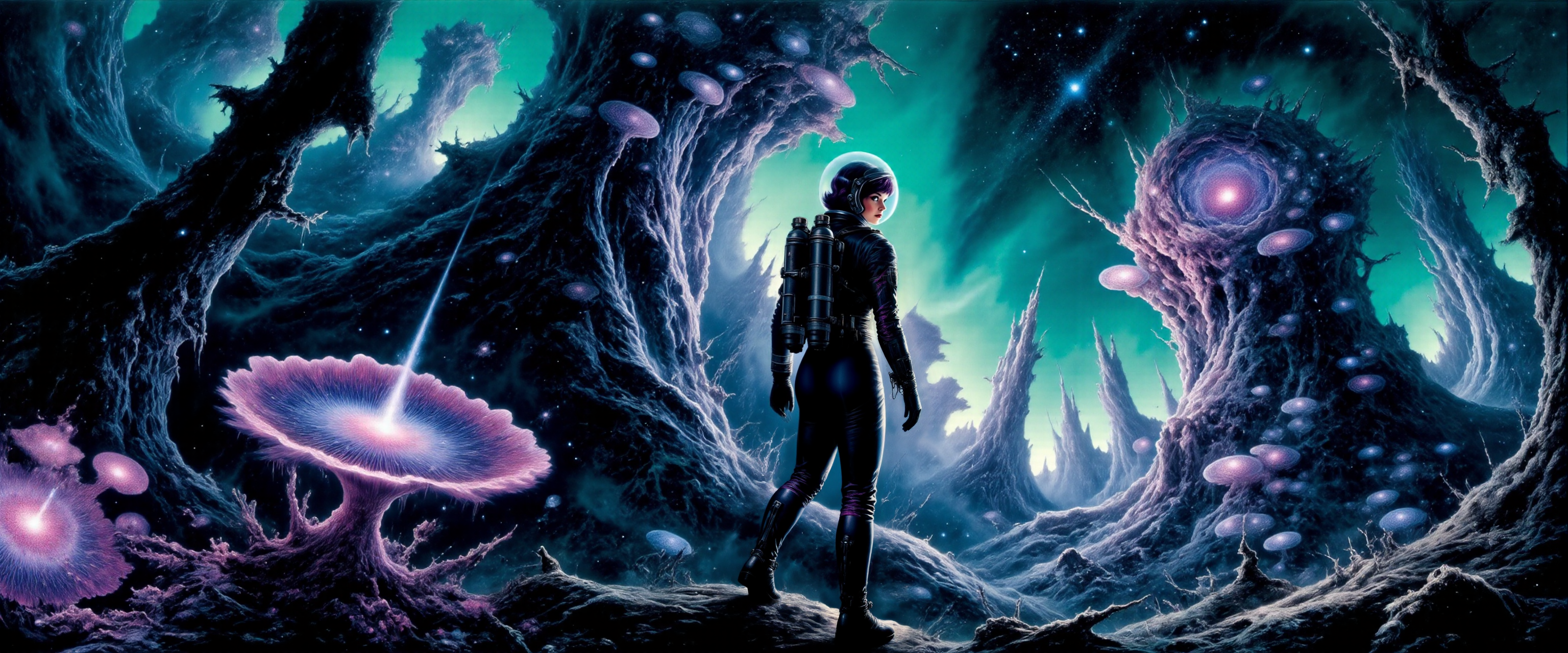 a female galactic explorer in a retrofuturistic astronaut suit is surveying a primordial distant world teeming with life and wonders, alien environment, bioluminescent flora glowing softly in vibrant hues of teal, purple, and cyan, massive, towering plants with translucent leaves reach into the night sky, casting an ethereal glow across the landscape, strange, otherworldly fungi emit a faint luminescence from the forest floor, delicate glowing spores float gently in the air, illuminating the thick, misty atmosphere, jagged alien rock formations rise in the distance, bathed in the soft glow of distant twin moons, the explorer, wearing a sleek spacesuit with a symmetrical elegant futuristic jetpack, looks over her shoulder, seemingly waiting for the viewer to follow, her silhouette partially illuminated by the ambient light of the flora, her figure dwarfed by the grandeur of the surreal landscape, mysterious bizarre extraterrestrial creatures watch from the shadows, the air is thick with an ancient, untouched magic, as if the world itself holds secrets of the universe, james webb space telescope, nebula in the sky, dark corners, <lora:james_webb_space_telescope-flux-by_motimalu:0.36> <lora:style-fantastic_landscapes-flux-by_artifyai:0.16>  <lora:style-adventure_comic_book-flux-by_andreac75:0.8> <lora:style-dark_landscapes-flux-by_andreac75:0.52> <lora:image_enhancer-flux-by_dever:0.8>