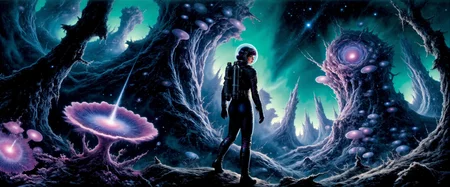 a female galactic explorer in a retrofuturistic astronaut suit is surveying a primordial distant world teeming with life and wonders, alien environment, bioluminescent flora glowing softly in vibrant hues of teal, purple, and cyan, massive, towering plants with translucent leaves reach into the night sky, casting an ethereal glow across the landscape, strange, otherworldly fungi emit a faint luminescence from the forest floor, delicate glowing spores float gently in the air, illuminating the thick, misty atmosphere, jagged alien rock formations rise in the distance, bathed in the soft glow of distant twin moons, the explorer, wearing a sleek spacesuit with a symmetrical elegant futuristic jetpack, looks over her shoulder, seemingly waiting for the viewer to follow, her silhouette partially illuminated by the ambient light of the flora, her figure dwarfed by the grandeur of the surreal landscape, mysterious bizarre extraterrestrial creatures watch from the shadows, the air is thick with an ancient, untouched magic, as if the world itself holds secrets of the universe, james webb space telescope, nebula in the sky, dark corners, <lora:james_webb_space_telescope-flux-by_motimalu:0.36> <lora:style-fantastic_landscapes-flux-by_artifyai:0.16> <lora:style-adventure_comic_book-flux-by_andreac75:0.8> <lora:style-dark_landscapes-flux-by_andreac75:0.52> <lora:image_enhancer-flux-by_dever:0.8>