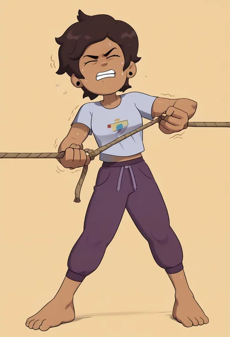 score_9, score_8_up, score_7_up, Nocunoct, (tug-of-war), 1girl, rope, pulling rope, barefoot, struggling, straining, pulling against resistance, sweat, panting, intense, action pose, effort, Luz Noceda, brown hair, short hair, brown eyes, dark skin, closed eyes, purple shorts, toe ring, dynamic pose, animated pose,