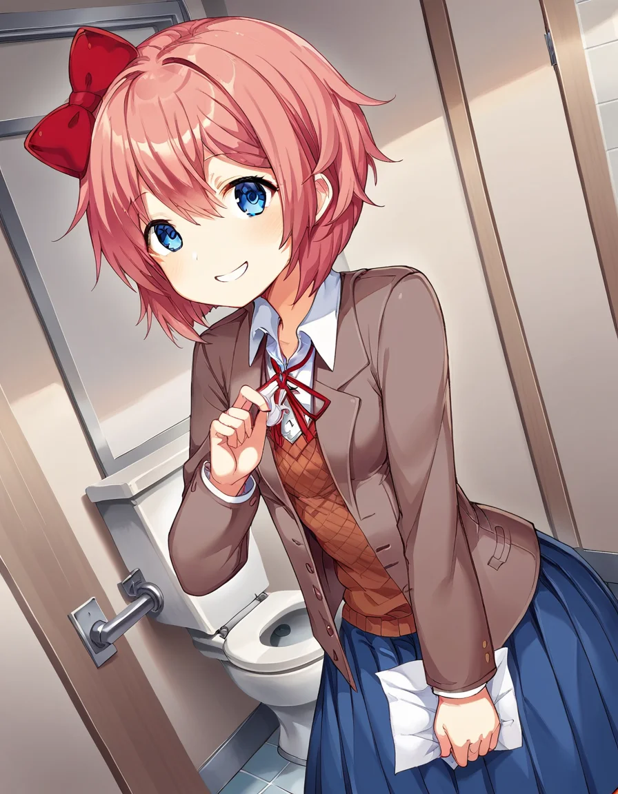 score_9, score_8_up, score_7_up, source_anime, <lora:ddlc-sayori-ingame-ponyxl-lora-nochekaiser:1>, sayori, blue eyes, hair between eyes, hair bow, hair ornament, pink hair, red bow, short hair,, blue skirt, pleated skirt, school uniform, skirt, brown jacket, jacket,, toilet stall, privacy, tiles, toilet paper, door, smile, leaning forward,, looking at viewer, solo,, dutch angle, cowboy shot