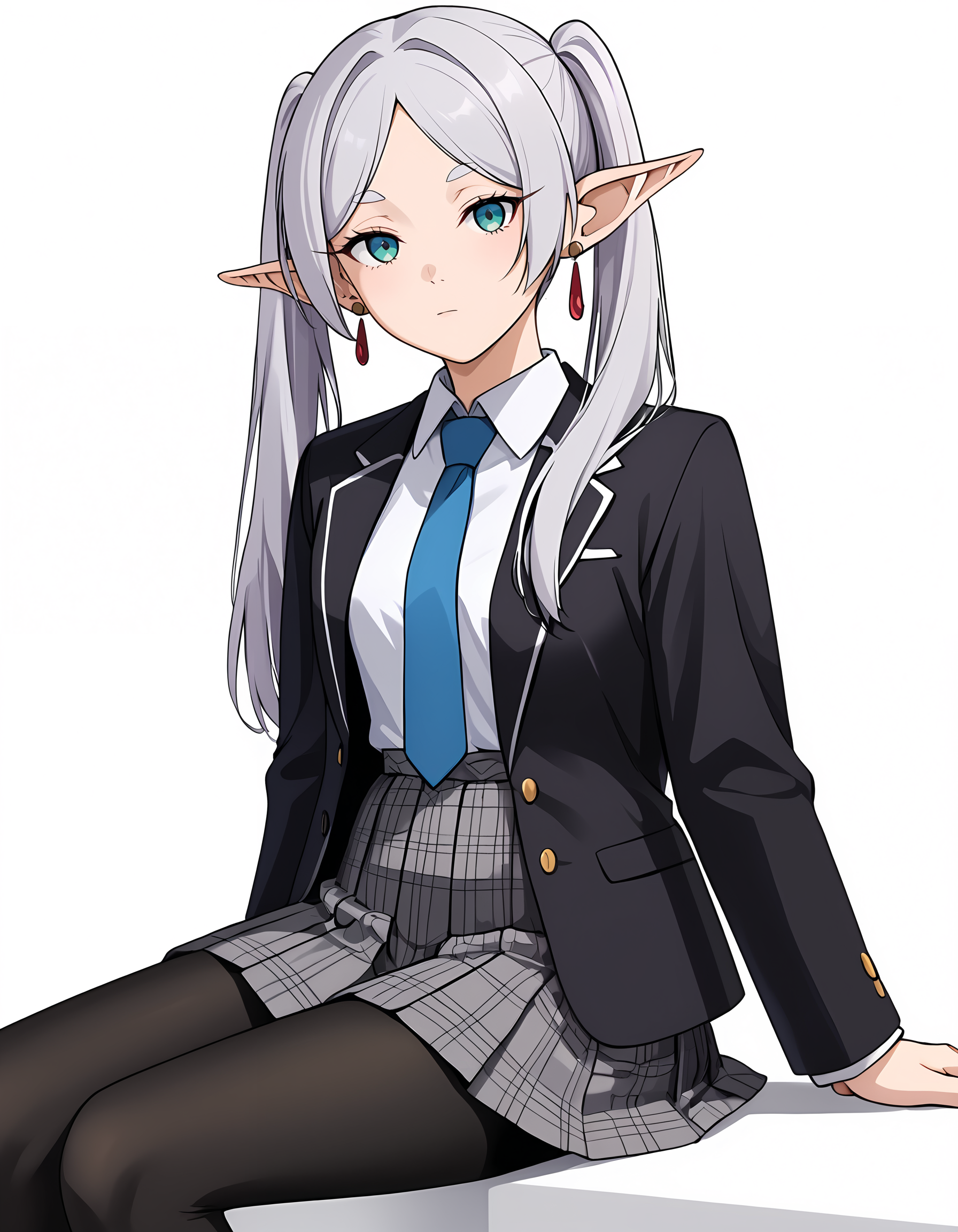 <lora:Frieren:1>fr1eren, 1girl, black pantyhose, black necktie, alternate costume, jewelry, dangle earrings, white background, sitting, white shirt, black jacket, long hair, looking at viewer, school uniform, plaid skirt, simple background, grey hair, closed mouth, collared shirt, long sleeves, pleated skirt, open jacket, open clothes, grey skirt, black skirt, feet out of frame, blazer, blue necktie