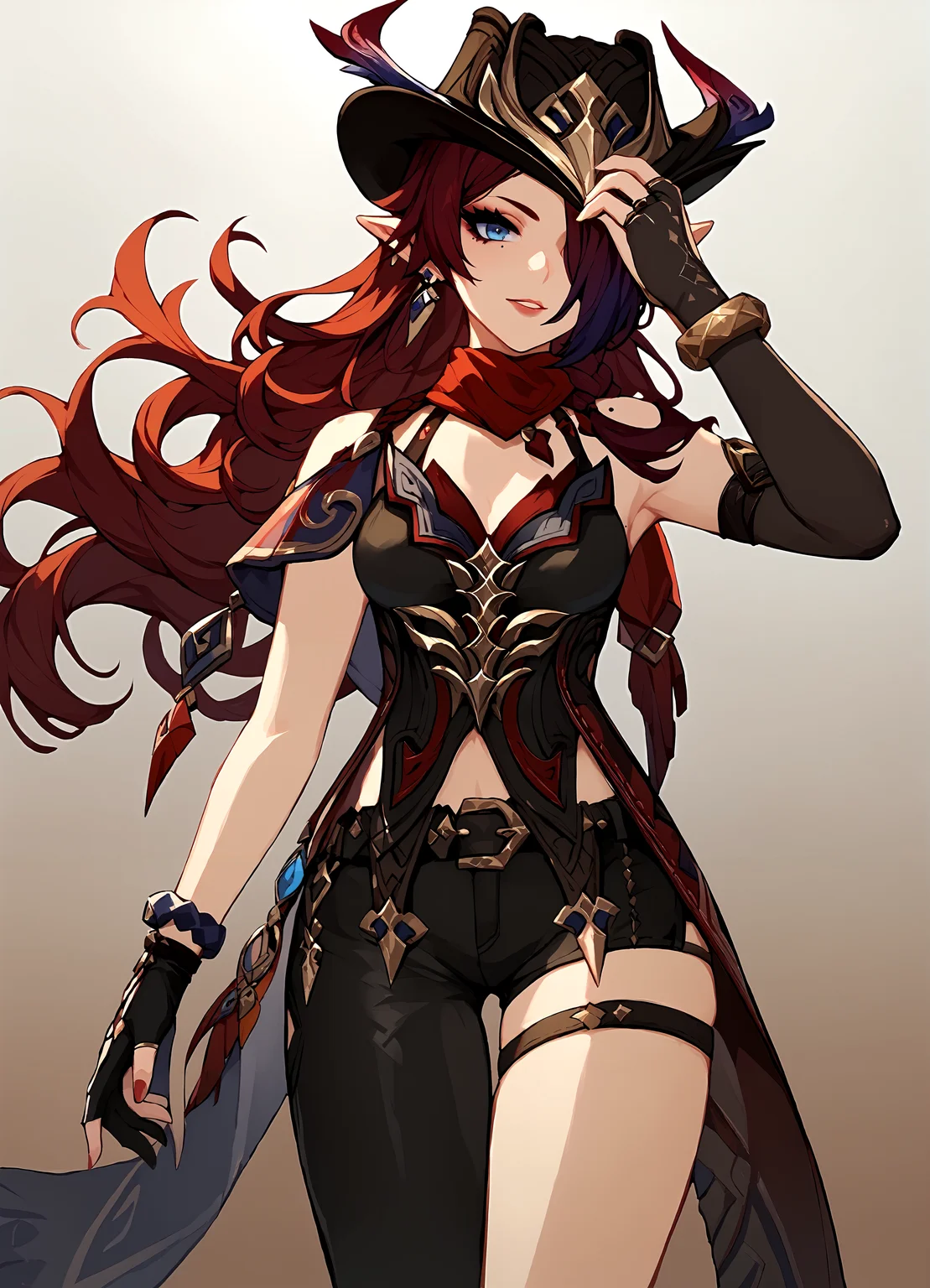 (score_9, score_8_up, score_7_up), 1girl, chasca, hair over one eye, tricorne hat, red scarf, asymmetrical gloves, bracelet, half-leg pants, thigh strap, mole on shoulder, gradient background, (hand on headwear), <lora:chasca-giPO-v1b-000007:0.9>