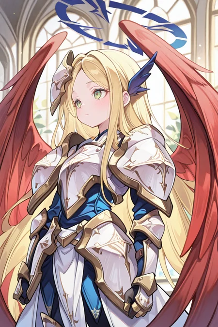 masterpiece, best quality, amazing quality, very aesthetic, absurd, newest, detailed eyes, <lora:illustrious_quality_modifiers_masterpieces_v1:0.8> , solo, <lora:ChamIllustriousBackgroundEnhancer:0.5>, detailed background, <lora:Kitn_marietta_illust:0.9> , Kitn_marietta_illust, multiple wings, angel, gauntlets, wings, red wings, blue halo, armor, blonde hair, long hair, green eyes, 1girl, solo
