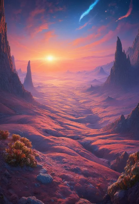 Illustrate a mesmerizing alien desert landscape with vast dunes of shimmering, colorful sand. Giant, crystalline formations rise from the ground, catching the light of twin suns. Exotic, resilient plants with glowing flowers dot the horizon. The sky is a blend of vibrant oranges and purples, with a distant nebula visible. Best quality, high resolution, extremely detailed, 8k. UHD, masterpiece, trending on artstation, sharp focus, studio photo, intricate details, highly detailed, by greg rutkowski<lora:xl_more_art-full_v1:0.5>