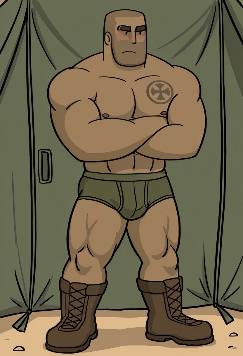 detailed background, detailed background, masterpiece, perfect quality, best quality, detailed, newest, very aesthetic, BetonRMA, bald, bara, solo, dark skin, 1boy, male focus, tent background, pectorals, abs, muscular. black dot eyes, arms crossed, topless male, briefs, boots, frown, furrowed eyebrows, (((looking away, blush, tsundere)))