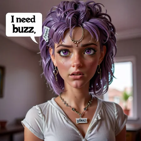 photorealistic image, a portrait of a cibor girl with a necklace, purpple eyes and hair, speech bubble text "I need buzz, please", detailed, 35mm photography,depth of field,,sweet room home,background,bokeh,whitemold,3d printed mold,art style,greyscale,monochrome