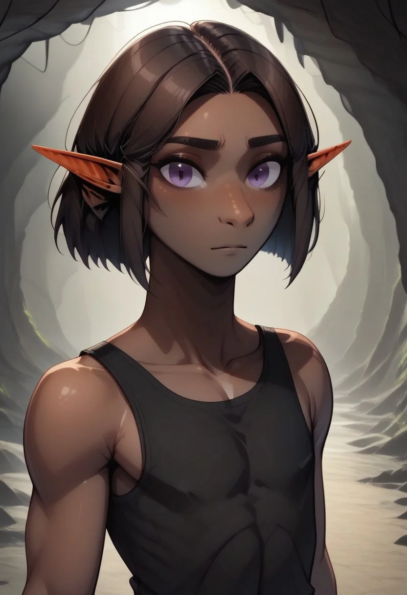 Repeta, 1 person, snout nose, solo, pointy ears, violet eyes, dark skin, dark brown hair, chin-length hair, parted hair, black sleeveless top,
organic cavern background, luminous moss,
Medieval style,
Smooth colors, highly detailed face, clean lines, high quality, best quality, masterpiece, score: 9, score: 8 up, rating: safe, source: semi-realistic,