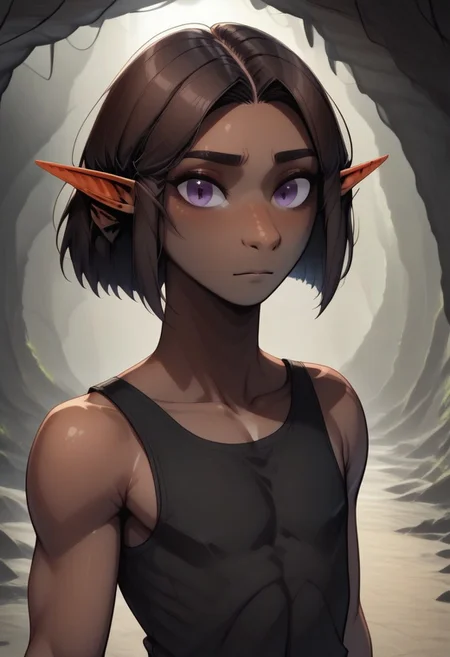 Repeta, 1 person, snout nose, solo, pointy ears, violet eyes, dark skin, dark brown hair, chin-length hair, parted hair, black sleeveless top,
organic cavern background, luminous moss,
Medieval style,
Smooth colors, highly detailed face, clean lines, high quality, best quality, masterpiece, score: 9, score: 8 up, rating: safe, source: semi-realistic,