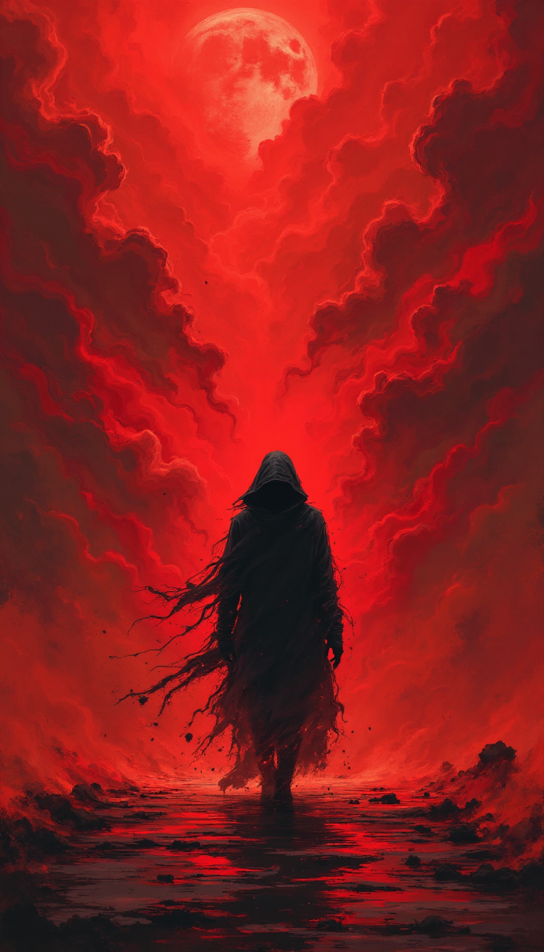 This is a digital painting in a dark, moody style, featuring a lone figure walking through a vibrant, swirling sea of red smoke. The figure, shrouded in a hooded cloak that covers their face, is the central focus. Their cloak billows around them, adding to the sense of movement and mystery. The figure's form is silhouetted against the intense red background, making it difficult to discern their gender or specific features. The background is a chaotic mix of swirling smoke and flames, creating an atmosphere of danger and urgency. The ground below the figure is a reflective surface, capturing the fiery red hues of the smoke and adding to the overall intensity of the scene. The colors are predominantly reds and blacks, with the reds ranging from deep maroon to blazing orange, and the blacks varying from deep shadows to the occasional hint of a dark figure. The texture of the smoke is thick and almost tangible, enhancing the sense of depth and drama. The overall composition is dynamic and evocative, drawing the viewer's attention to the solitary figure navigating this treacherous environment.
aidmafluxpro1.1 <lora:aidmaFLUXPro1.1-FLUX-v0.3:0.6>
