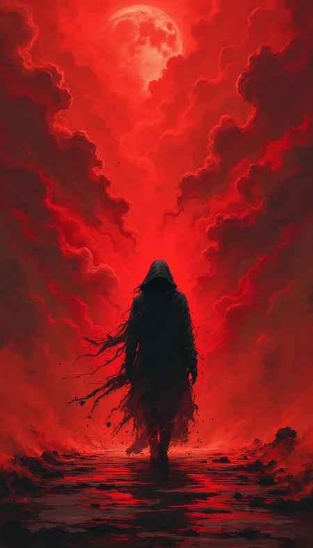 This is a digital painting in a dark, moody style, featuring a lone figure walking through a vibrant, swirling sea of red smoke. The figure, shrouded in a hooded cloak that covers their face, is the central focus. Their cloak billows around them, adding to the sense of movement and mystery. The figure's form is silhouetted against the intense red background, making it difficult to discern their gender or specific features. The background is a chaotic mix of swirling smoke and flames, creating an atmosphere of danger and urgency. The ground below the figure is a reflective surface, capturing the fiery red hues of the smoke and adding to the overall intensity of the scene. The colors are predominantly reds and blacks, with the reds ranging from deep maroon to blazing orange, and the blacks varying from deep shadows to the occasional hint of a dark figure. The texture of the smoke is thick and almost tangible, enhancing the sense of depth and drama. The overall composition is dynamic and evocative, drawing the viewer's attention to the solitary figure navigating this treacherous environment.
aidmafluxpro1.1 <lora:aidmaFLUXPro1.1-FLUX-v0.3:0.6>
