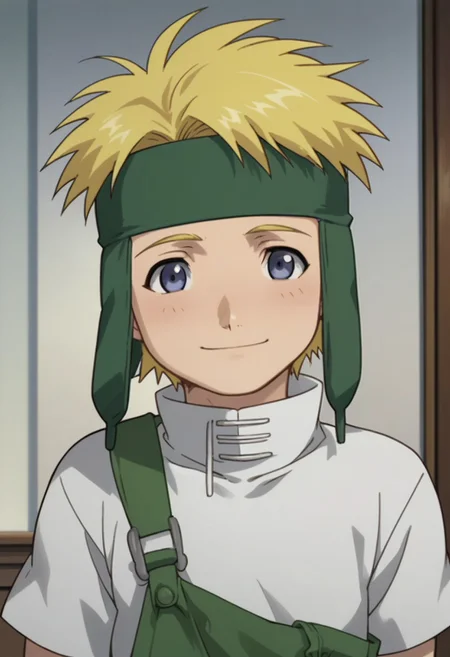 score_9, score_8_up, score_7_up, source_anime, highly detailed,
fletchertringham, solo, 1boy, male focus, blonde hair, upper body, standing, shirt, white shirt, pants, short sleeves, headband, green pants,
overalls, forehead protector, blue eyes, smile, portrait, blush,