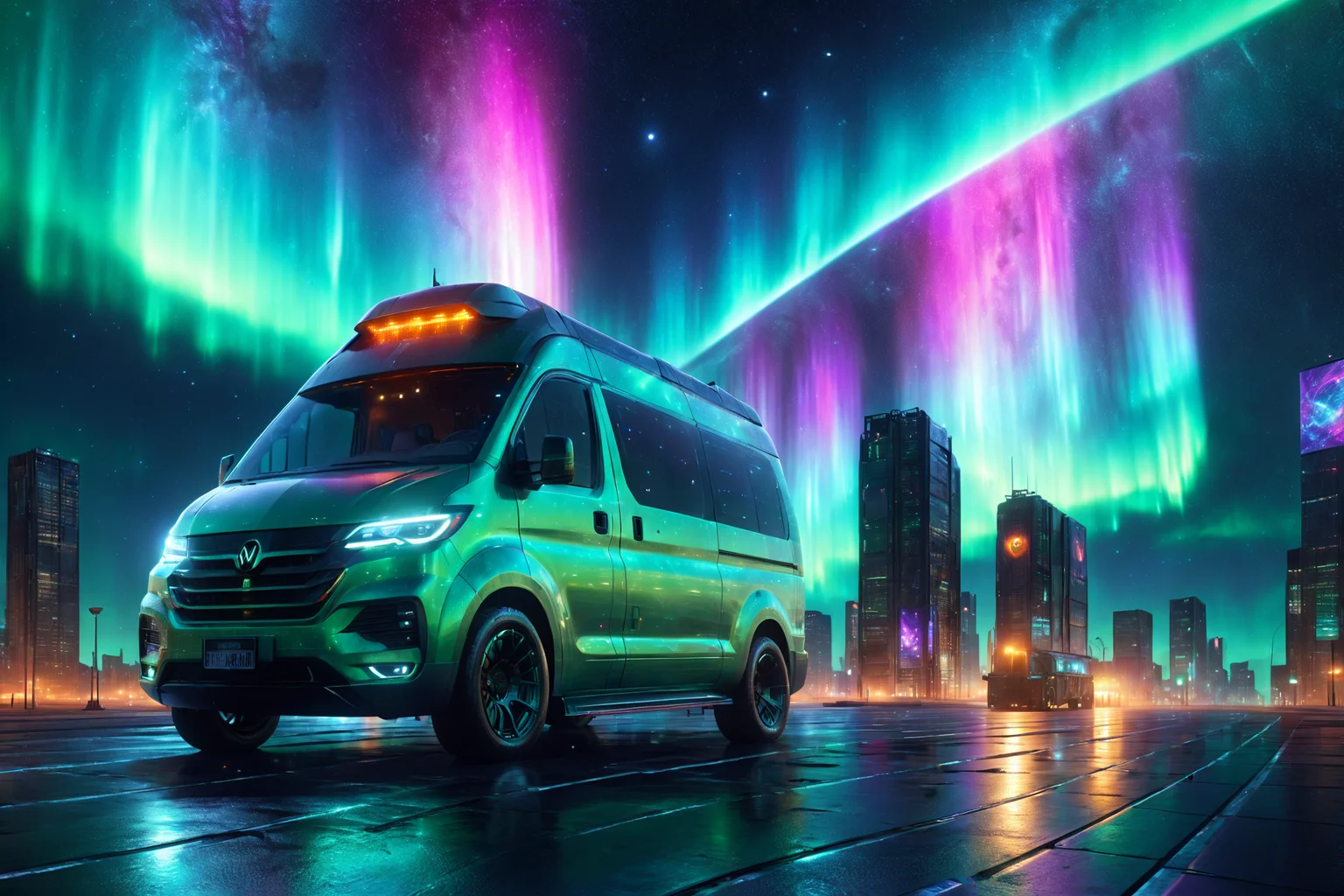 morph-aurora, a futuristic van with sliding doors, holographic display, solo, stealth coating, matte finish, futuristic spaceport, sleek ships, starry sky, detailed background, hovering above a platform, thrusters glowing, steady stance, dynamic angle, wide shot, a digital billboard, displaying ads, in the background, best quality, rich colors, photorealistic style, high detail, high-definition, hyper-realistic, extremely high-resolution details, fine texture, incredibly lifelike, realistic, not fantasy, not anime, not drawing, highres, 4K resolution, source photo, realistic photo, masterpiece, best quality, amazing quality, very aesthetic, ultra-detailed, detailed surfaces, natural metallic tones, soft lighting, neon green, glowing accents, soft light, wide shot, <lora:add-detail-xl:1> <lora:aurora_0_100_V1-000009:0.65>