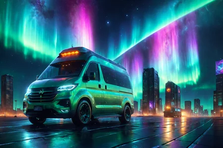 morph-aurora, a futuristic van with sliding doors, holographic display, solo, stealth coating, matte finish, futuristic spaceport, sleek ships, starry sky, detailed background, hovering above a platform, thrusters glowing, steady stance, dynamic angle, wide shot, a digital billboard, displaying ads, in the background, best quality, rich colors, photorealistic style, high detail, high-definition, hyper-realistic, extremely high-resolution details, fine texture, incredibly lifelike, realistic, not fantasy, not anime, not drawing, highres, 4K resolution, source photo, realistic photo, masterpiece, best quality, amazing quality, very aesthetic, ultra-detailed, detailed surfaces, natural metallic tones, soft lighting, neon green, glowing accents, soft light, wide shot, <lora:add-detail-xl:1> <lora:aurora_0_100_V1-000009:0.65>