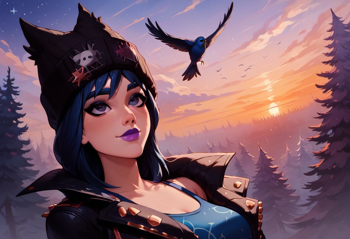 score_9, score_8_up, score_8, bird flying, ssitting at the foot of a tree, forest, magical, relaxing, sunset, starry skies, look up,  sports bra, loose jacket, hope_fortnite, blue hair, beanie, sexy, cute face, kawaii girl, colorful, smiling, posing, posing at an angle, dynamic sexy pose, very cute, adorable, shiny skin, volumetric lighting, aesthetic design, dramatic angle, dramatic framing, cinematic framing,