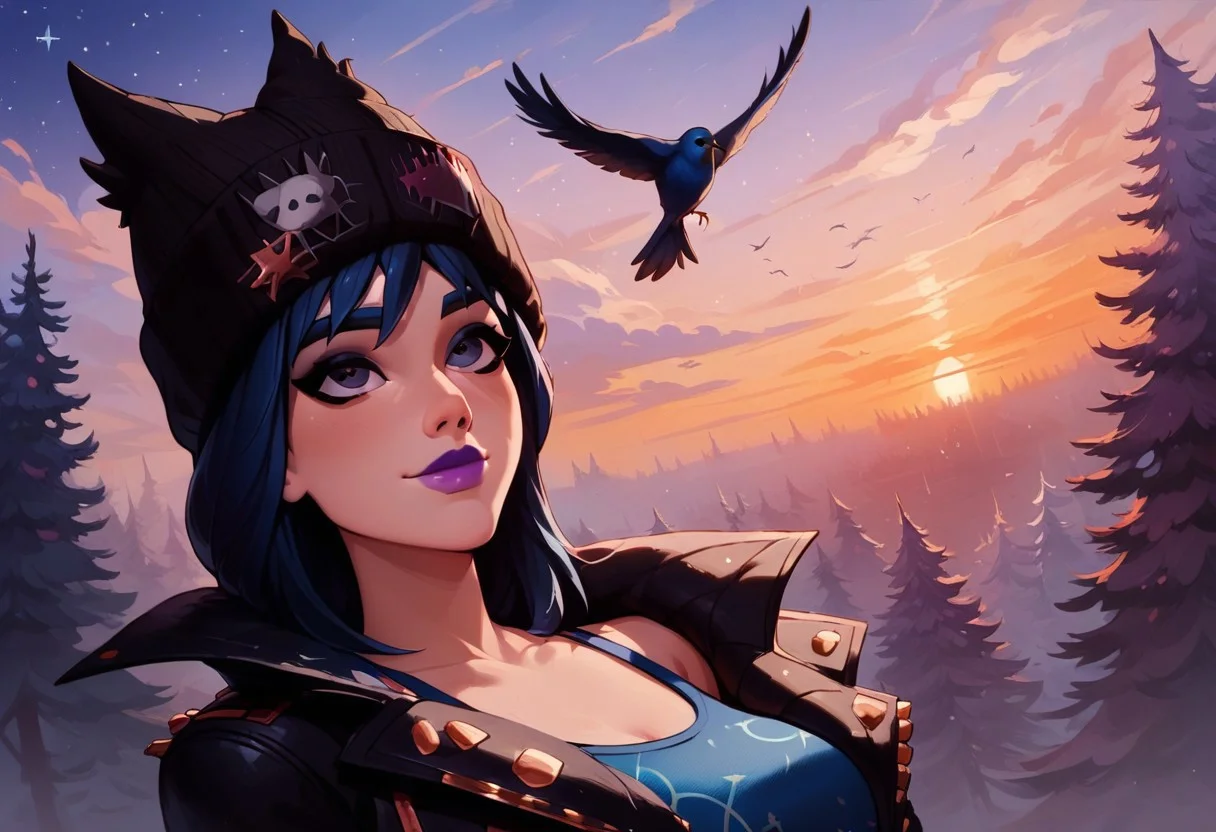 score_9, score_8_up, score_8, bird flying, ssitting at the foot of a tree, forest, magical, relaxing, sunset, starry skies, look up,  sports bra, loose jacket, hope_fortnite, blue hair, beanie, sexy, cute face, kawaii girl, colorful, smiling, posing, posing at an angle, dynamic sexy pose, very cute, adorable, shiny skin, volumetric lighting, aesthetic design, dramatic angle, dramatic framing, cinematic framing,