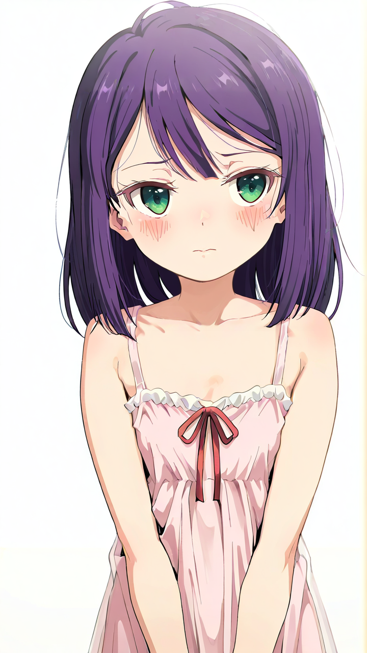 white_background,simple background,1girl,solo,looking_at_viewer,blush,anime screenshot,sincos,<lora:Kaede_Illustrious_v15:1>,Kaede,shy,hair down,nightgown,looking_up,, masterpiece, best quality