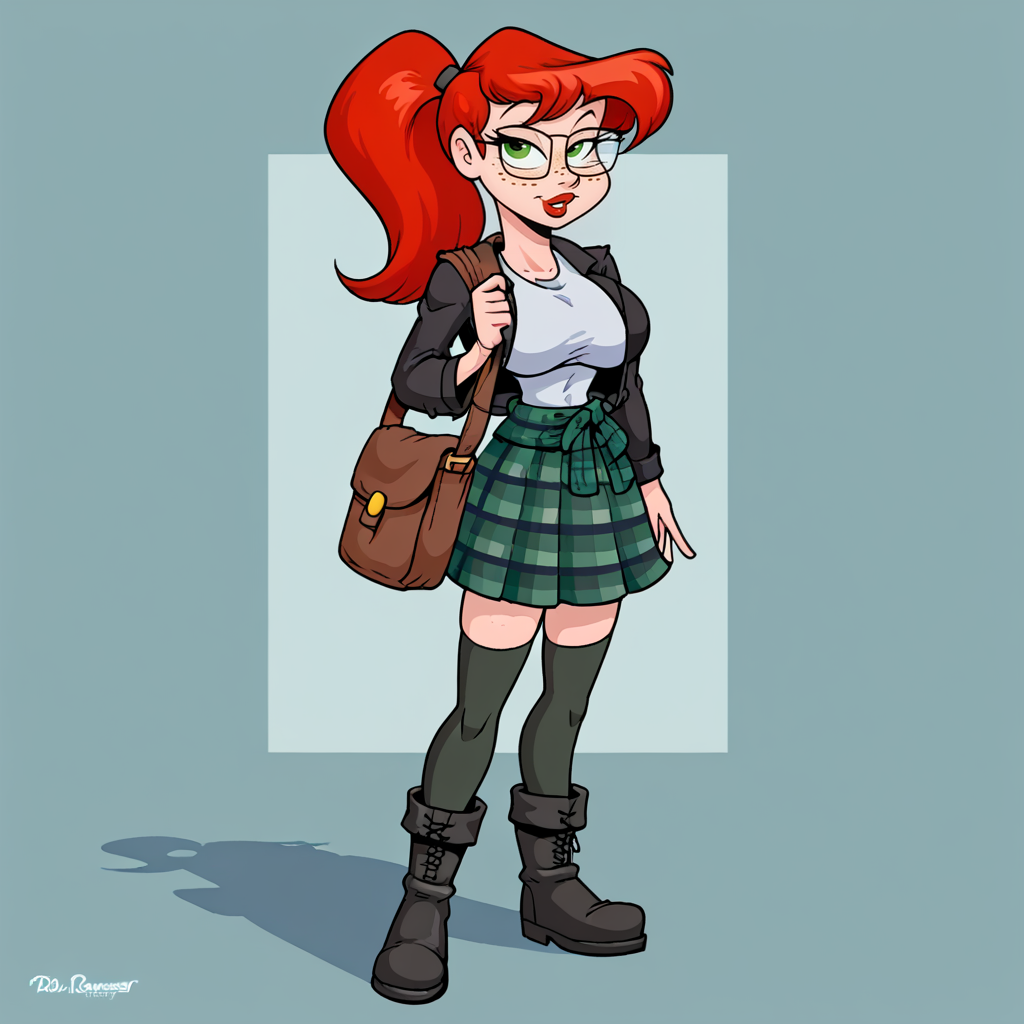 score_9,   woman, solo, <lora:Doug_Winger_Style_-_PonyXL:0.8> Doug Winger,  standing,  <lora:Bandi_XL:0.7> bandi, red hair, glasses, freckles, ponytail, side bangs, side_locks, sidelocks, green eyes, large breasts, tartan skirt, jacket, shirt, shoulder bag, boots, long black socks, thighhighs