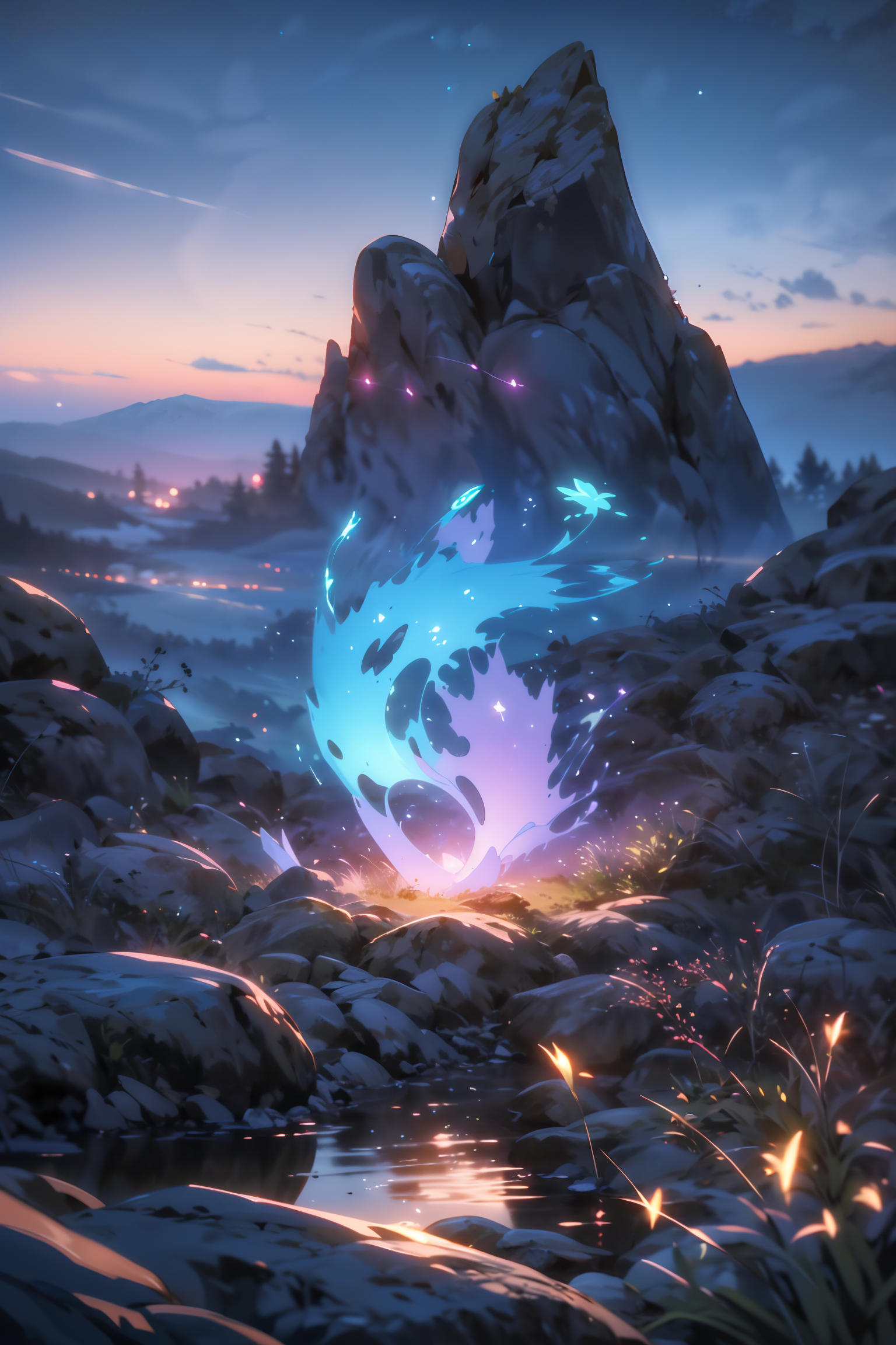 By Tomek Setowski,by Brian miller,ethereal glow. The sky should be a mesmerizing blend of deep blues and soft purples,with a faint,ethereal glow on the horizon. Show a mystical terrain,featuring delicate,bioluminescent flora and fauna that illuminate the landscape with gentle,otherworldly radiance. Let the scene emanate a sense of tranquility,mystery,and a touch of magic. Focus on intricate details and realism to create an image that transports viewers to this captivating twilight,<lora:Detailed_Places_R-128_v1:0.7>,no humans,scenery,