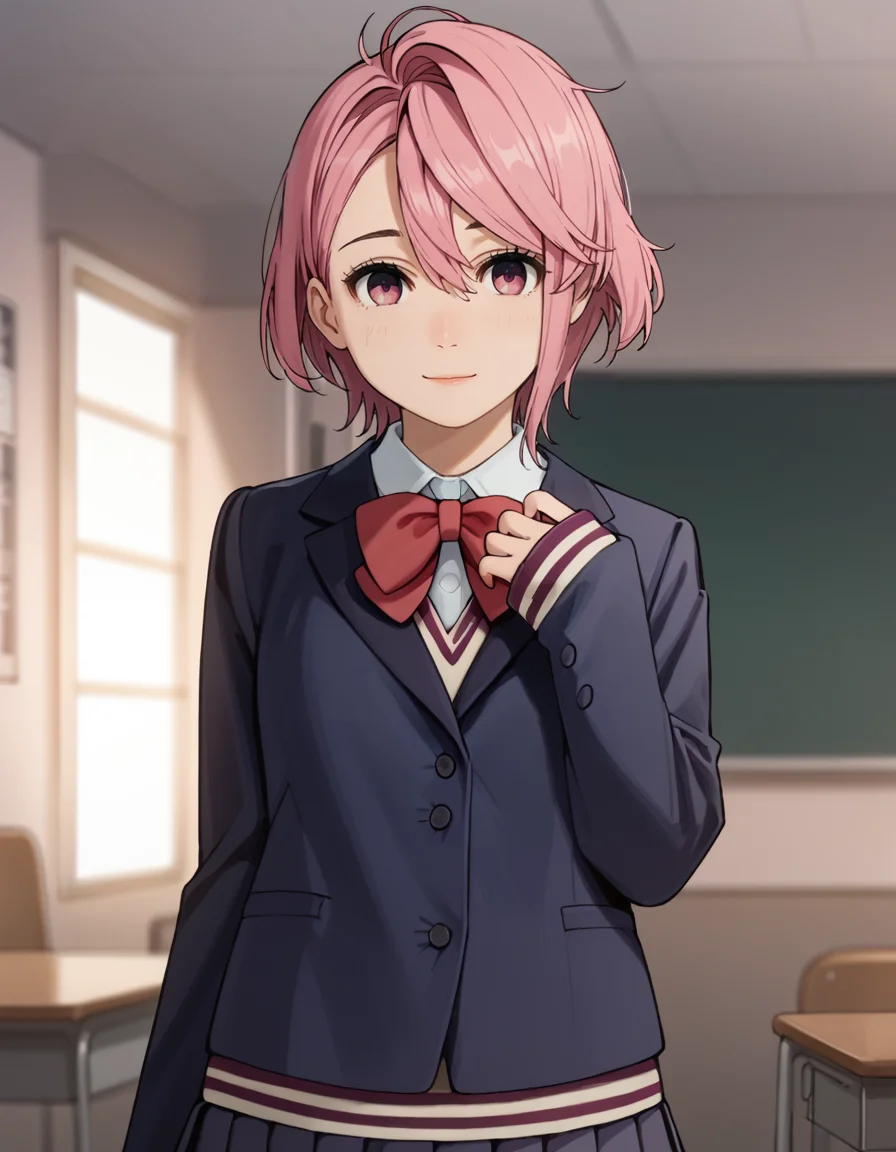 score_9, score_8_up, score_7_up, source_anime, BREAK
1girl, solo, looking at viewer, blurry background, cowboy shot, light smile, indoors,
aira shiratori, pink hair, short hair, pink eyes,
school uniform, blue blazer, white collared shirt, red bowtie, long sleeves, sleeves past wrists, miniskirt, pleated skirt,
<lora:aira_shiratori_anime_v2-soralz:1>