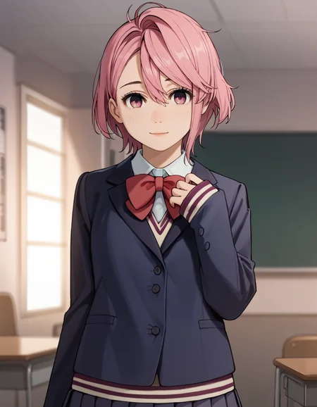 score_9, score_8_up, score_7_up, source_anime, BREAK
1girl, solo, looking at viewer, blurry background, cowboy shot, light smile, indoors,
aira shiratori, pink hair, short hair, pink eyes,
school uniform, blue blazer, white collared shirt, red bowtie, long sleeves, sleeves past wrists, miniskirt, pleated skirt,
<lora:aira_shiratori_anime_v2-soralz:1>