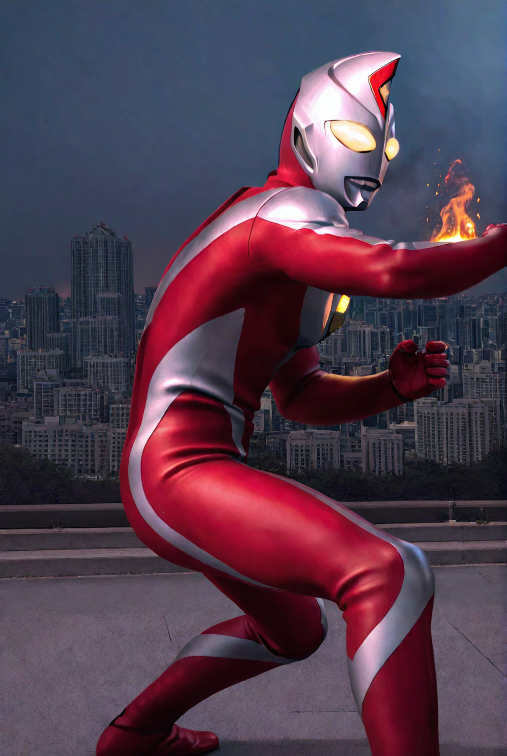 very awe,aesthetically pleasing,masterpiece,best quality,amazing quality,very aesthetic,ultra-detailed,high resolution,8k,1boy,solo,male focus,detailed face,tokusatsu,alien,bodysuit,glowing eyes,yellow eyes,red bodysuit, dyn4 red,fighting stance,fire,cityscape,<lora:Ultraman Dyna:0.8>,