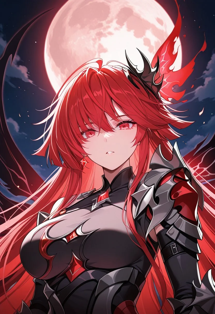 (masterpiece), best quality, amazing quality, very aesthetic, absurdres, newest, 1girl, solo, phantom saber red hair, red eyes, armor, hair ornament, long hair, gauntlets, wings, moon, night, upper body