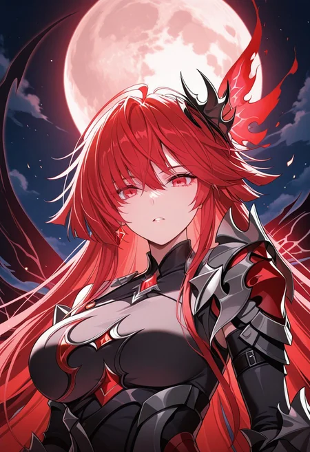 (masterpiece), best quality, amazing quality, very aesthetic, absurdres, newest, 1girl, solo, phantom saber red hair, red eyes, armor, hair ornament, long hair, gauntlets, wings, moon, night, upper body