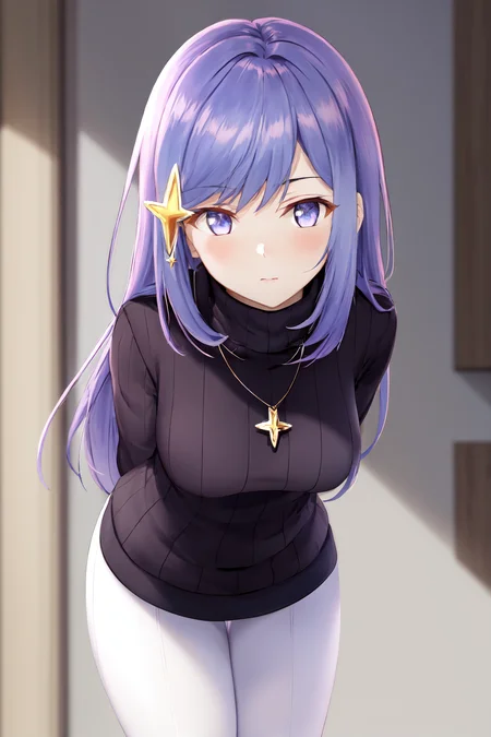 masterpiece, best quality, highres, 1girl maha star hair ornament, turtleneck sweater necklace white legwear <lora:maha:1> standing, leaning forward, arms behind back