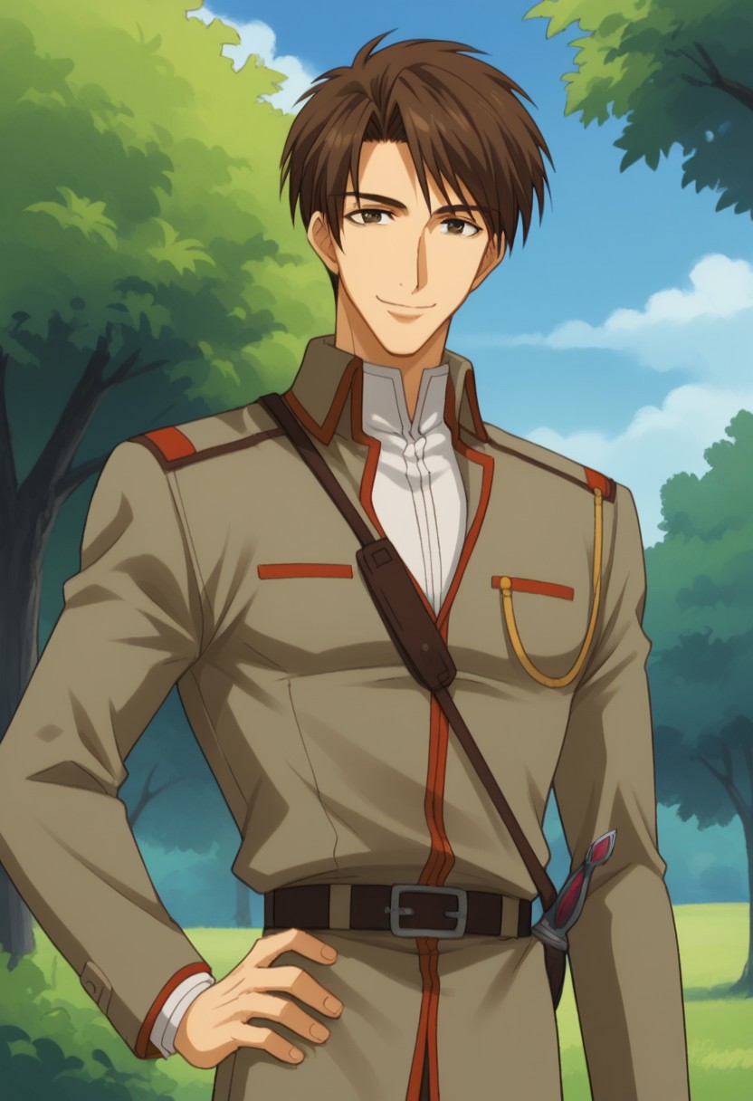 score_9, score_8_up, score_7_up, source_anime, highly detailed, 
conradweller, 1boy, male focus, solo, uniform, military uniform, military,  standing,
upper body, belt, hand on hip, long sleeves, brown hair, pants, looking at viewer, brown eyes, white shirt, shirt, smile
outdoor, sky, tree