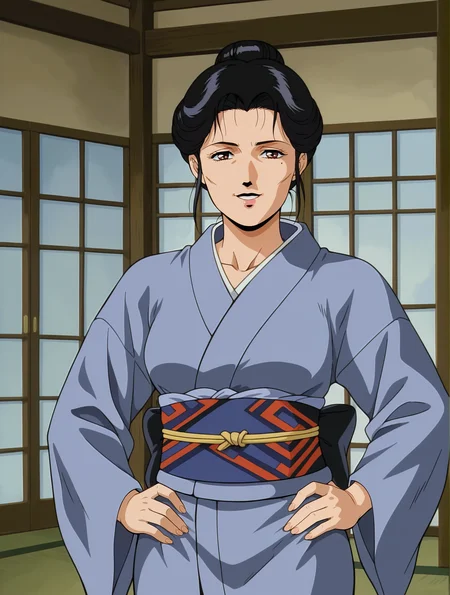 <lora:Michiyo-Adventure_Kid_1993:0.7>,Michiyo,mature female,1girl,solo,black hair,mole under eyes,retro artstyle,1990s (style),brown eyes,hair bun,kimono,cowboy shot,hands on own hips,looking at viewer,indoors,smile